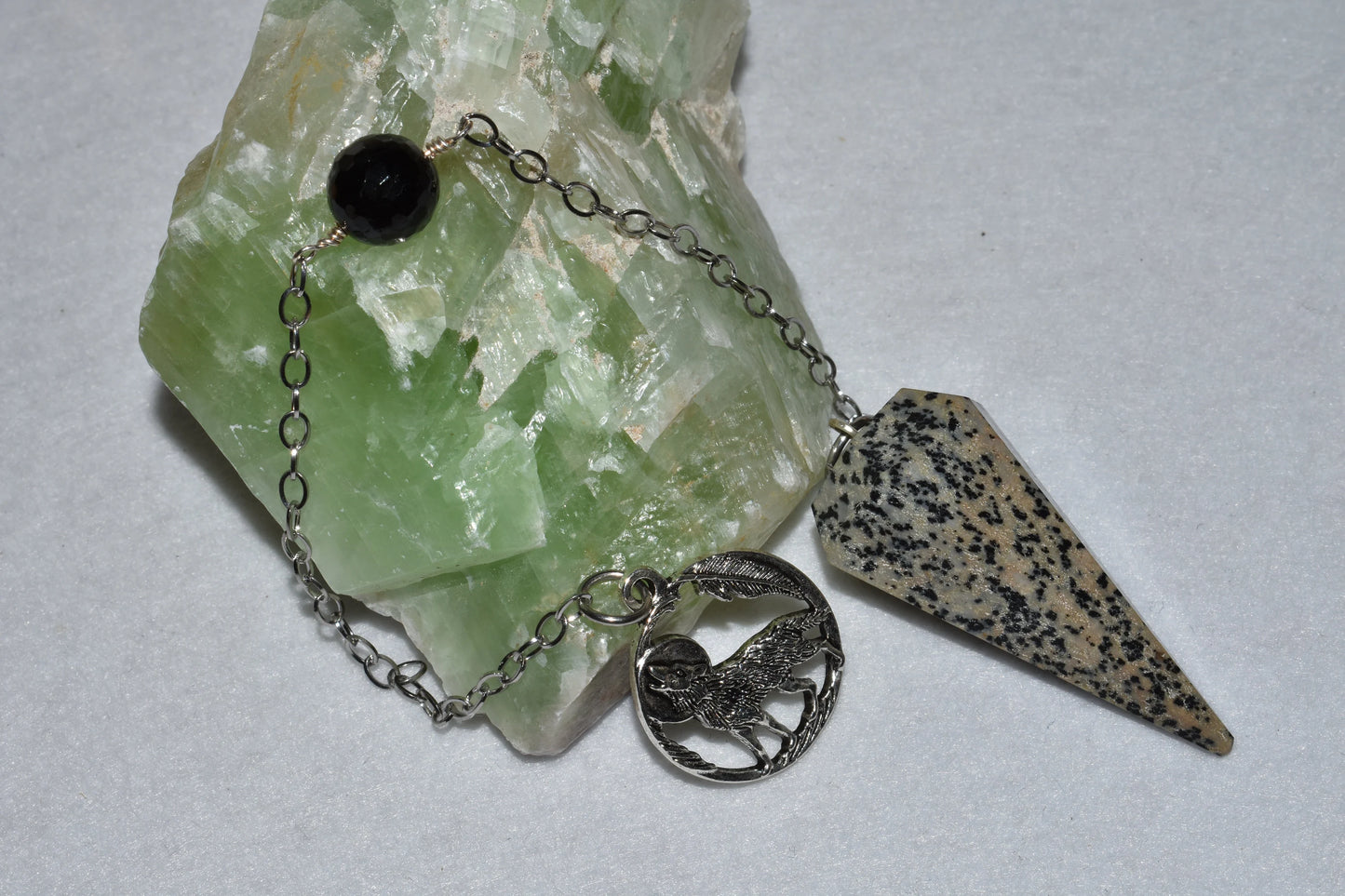 Dalmatian Jasper Dowsing Pendulum Reiki Chakra Crystal Healing Wolf Pendant