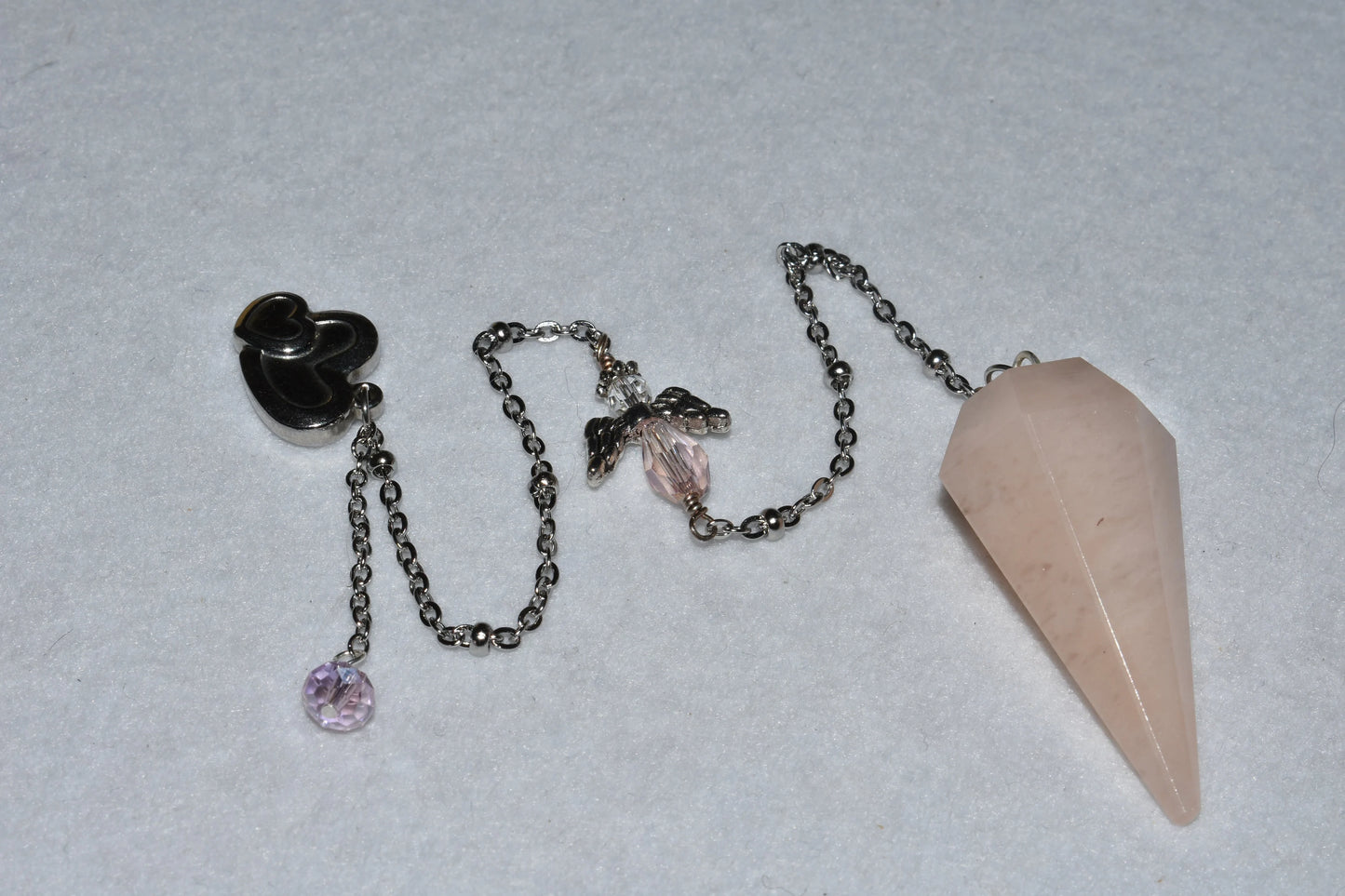Rose Quartz Crystal Angel Pendulum Dowsing Chakra Reiki Healing Natural Stone Chamuel Angel of Relationships