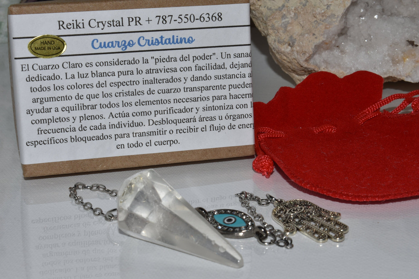 Clear Quartz Natural Stone Pendulum Dowsing Crystal Chakra Reiki Healing Fatima Hand Evil Eye Charm