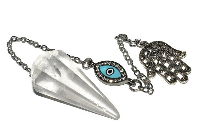 Clear Quartz Natural Stone Pendulum Dowsing Crystal Chakra Reiki Healing Fatima Hand Evil Eye Charm